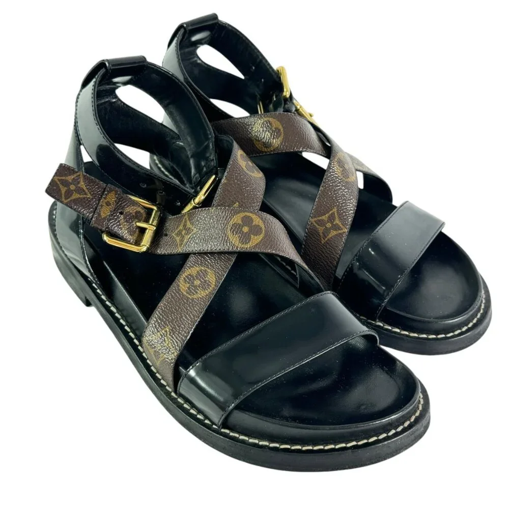 Louis Vuitton Black & Brown Monogram Crisscross Leather Sandals - Picture 4 of 11